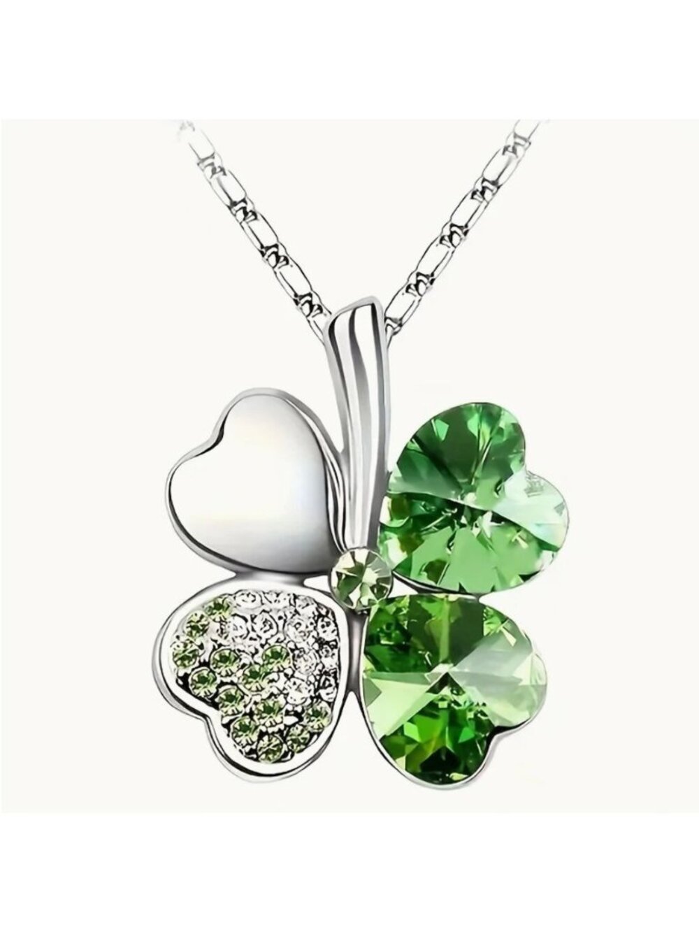 Necklace Green Crystal Four Leaf Clover Pendant Silver Tone